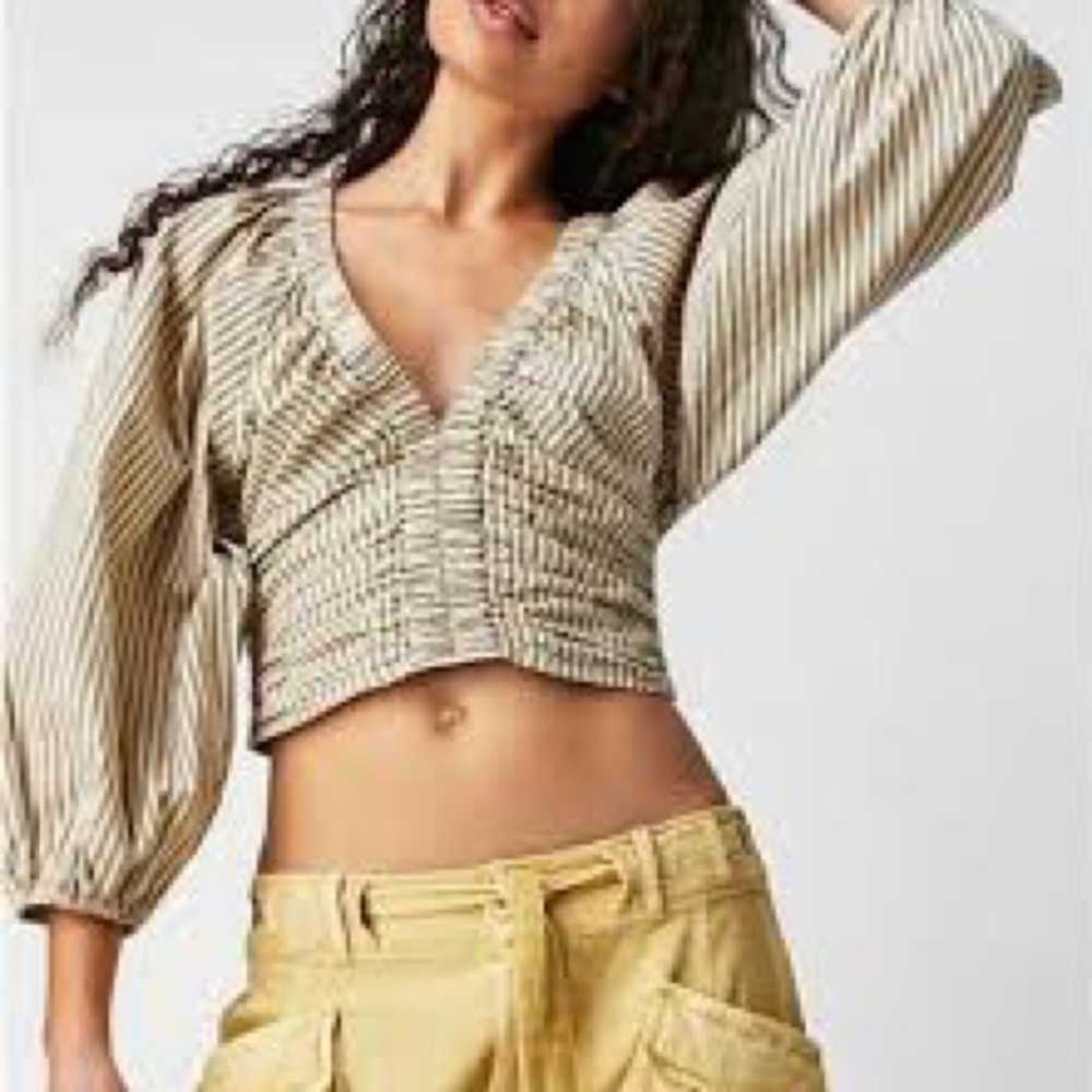 Free People Abbie Stripe Crop Top Ballon Sleeve Fall